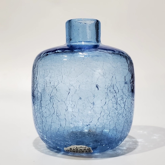 MCM Blenko #6424 Handcrafted Rare Ice Blue Crackle Art Glass Vase by Joel Myers - Picture 2 of 16